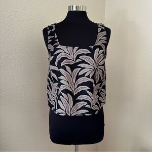 Rachel Zoe Black Tan Leaves 100% Linen Square Neck Top Size M